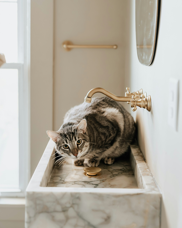 A tabby cat sitting inside a marble bathroom sink, looking at the camera, with a gold faucet and a mirror on the wall.