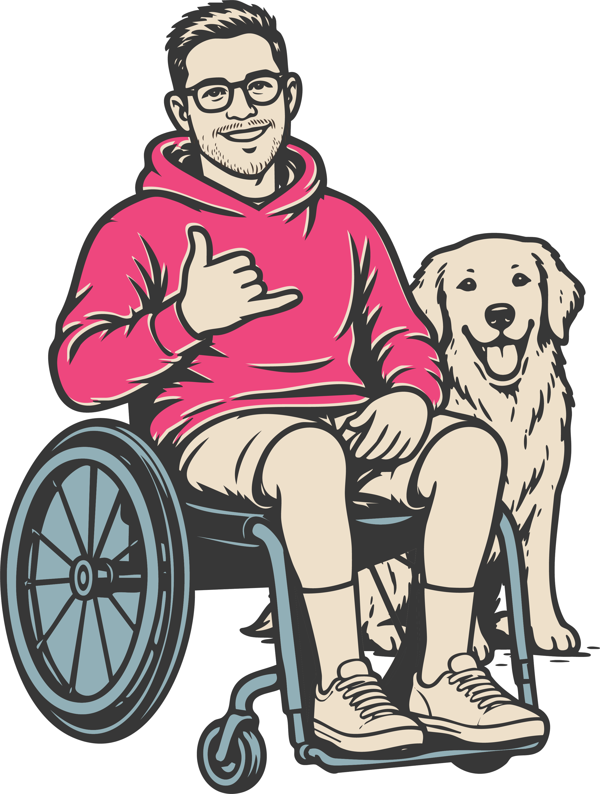 Illustration of a man in a wheelchair wearing glasses, a pink hoodie, and beige shorts, giving a thumbs-up, with a cheerful expression, and sitting beside a happy golden retriever dog.