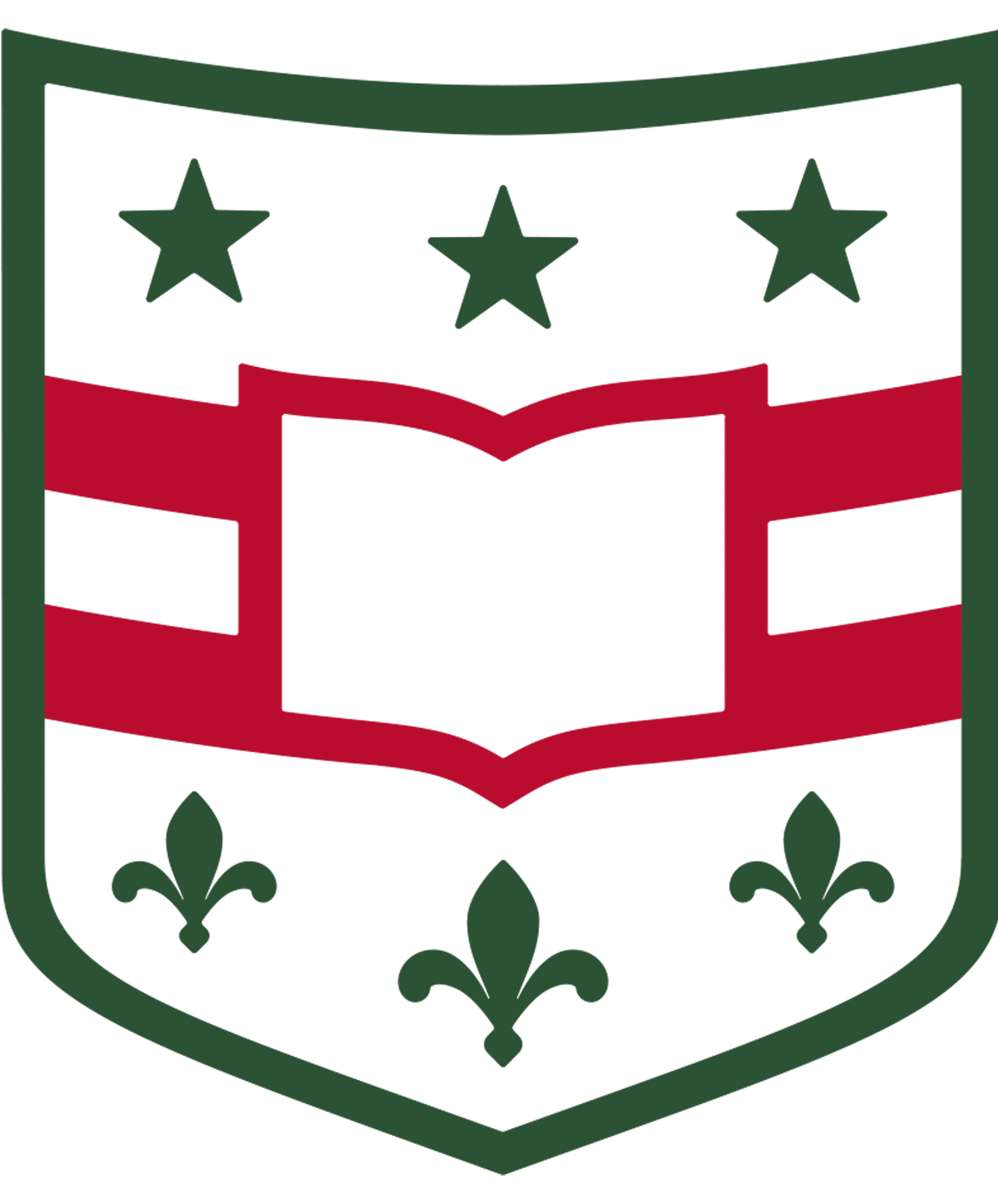 A black background with a stylized, decorative crest featuring green and red elements, including stars and floral motifs.