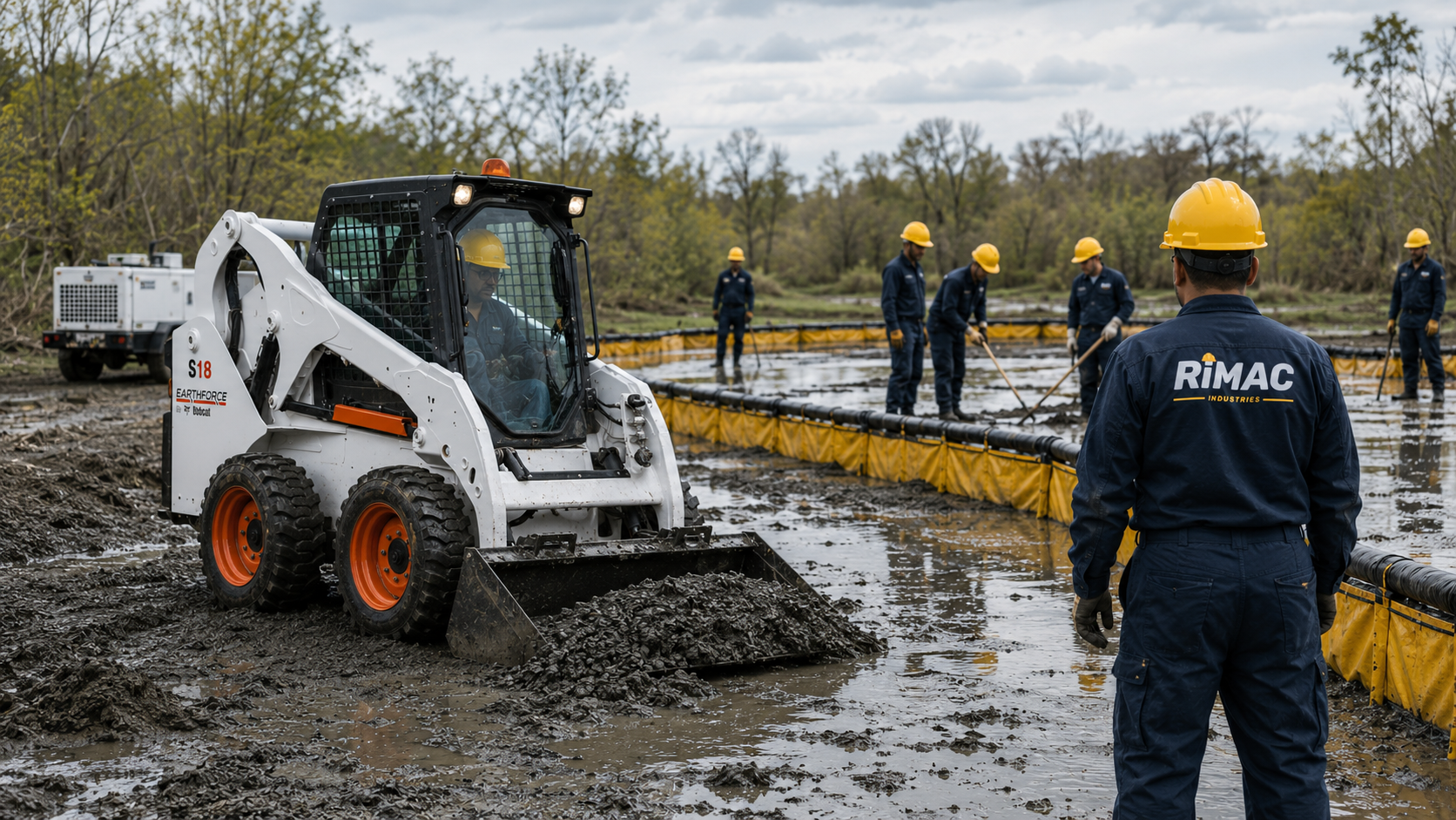 Personal de RIMAC INDUSTRIES realiza trabajos de limpieza y control ambiental con un minicargador en una zona con agua.