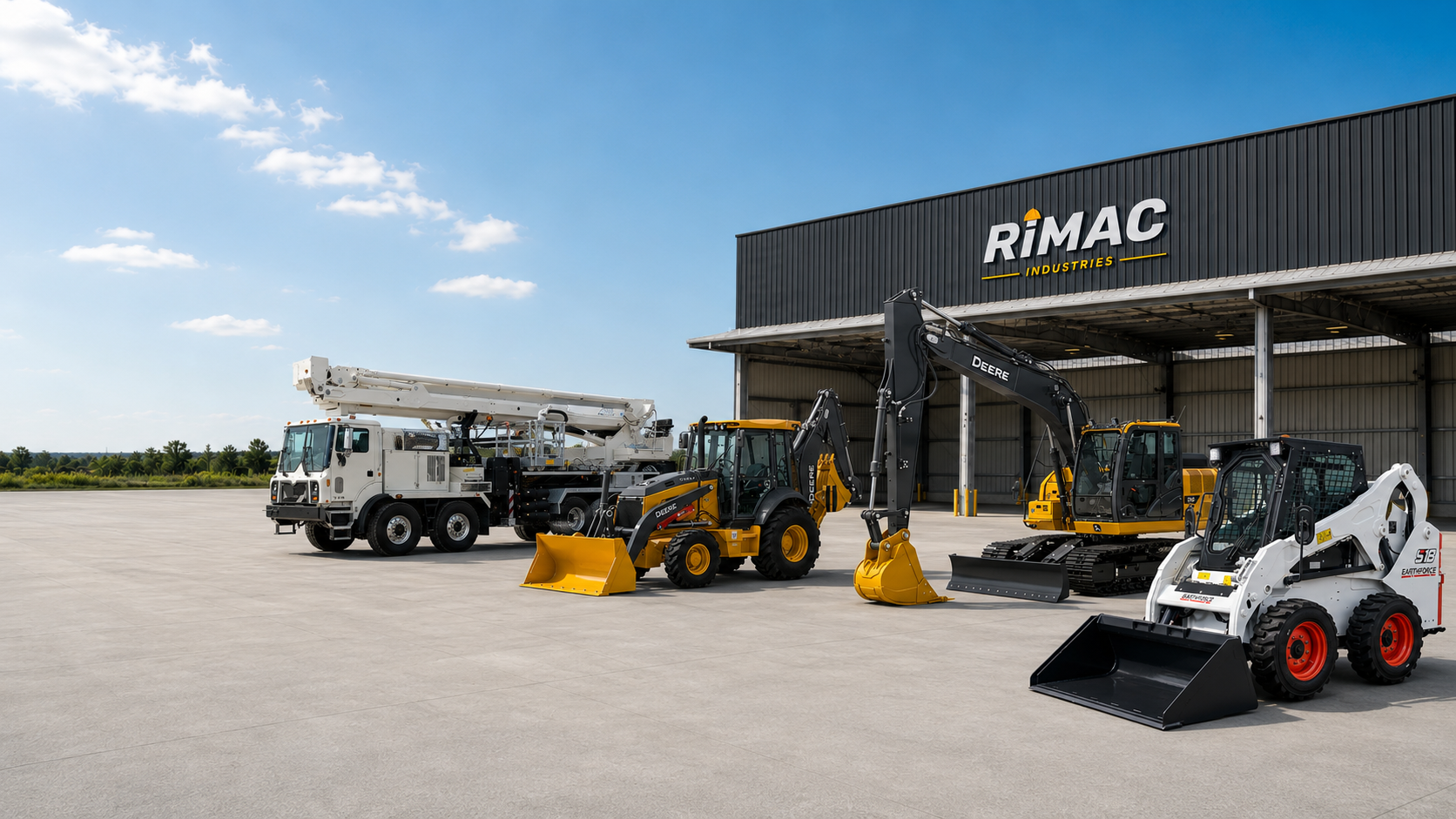 Maquinaria industrial y de construcción de RIMAC INDUSTRIES en patio operativo, incluyendo plataforma aérea, retroexcavadora, excavadora y minicargador.