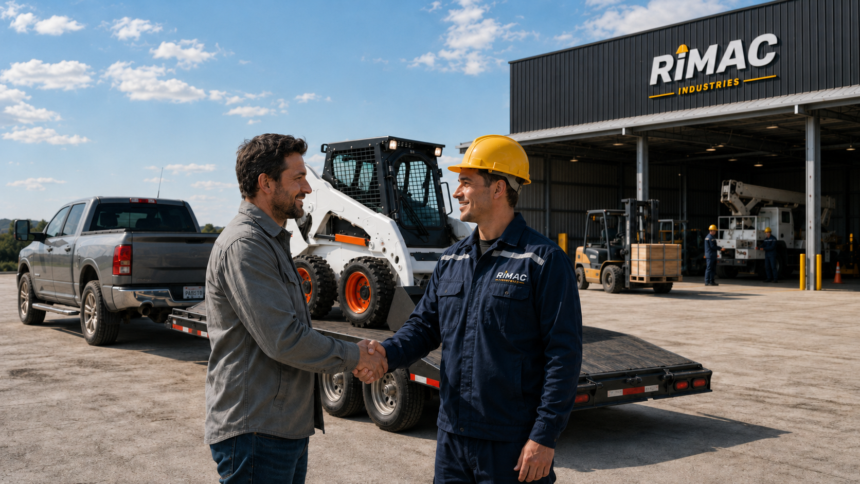 Representante de RIMAC INDUSTRIES y cliente estrechan la mano junto a un minicargador disponible para renta.