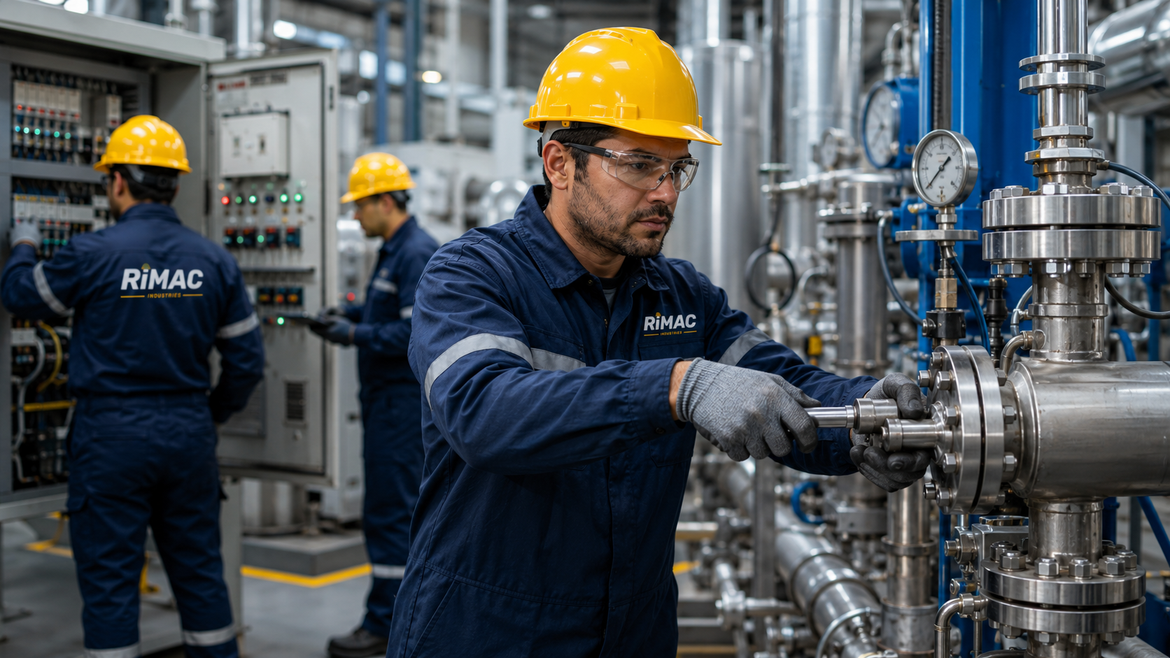 Personal técnico de RIMAC INDUSTRIES realiza trabajos de inspección y mantenimiento en una planta industrial.