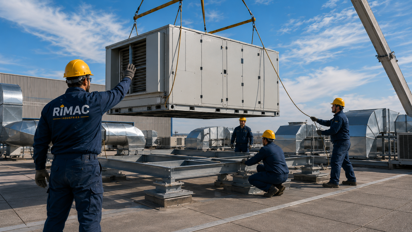 Personal de RIMAC INDUSTRIES coordina el izaje e instalación de una unidad HVAC tipo rooftop en una cubierta industrial.