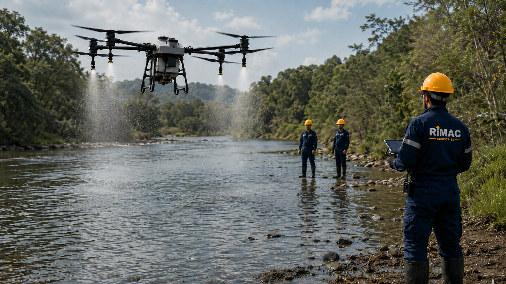 Personal de RIMAC INDUSTRIES opera un dron de aspersión sobre un cuerpo de agua durante un servicio ambiental.
