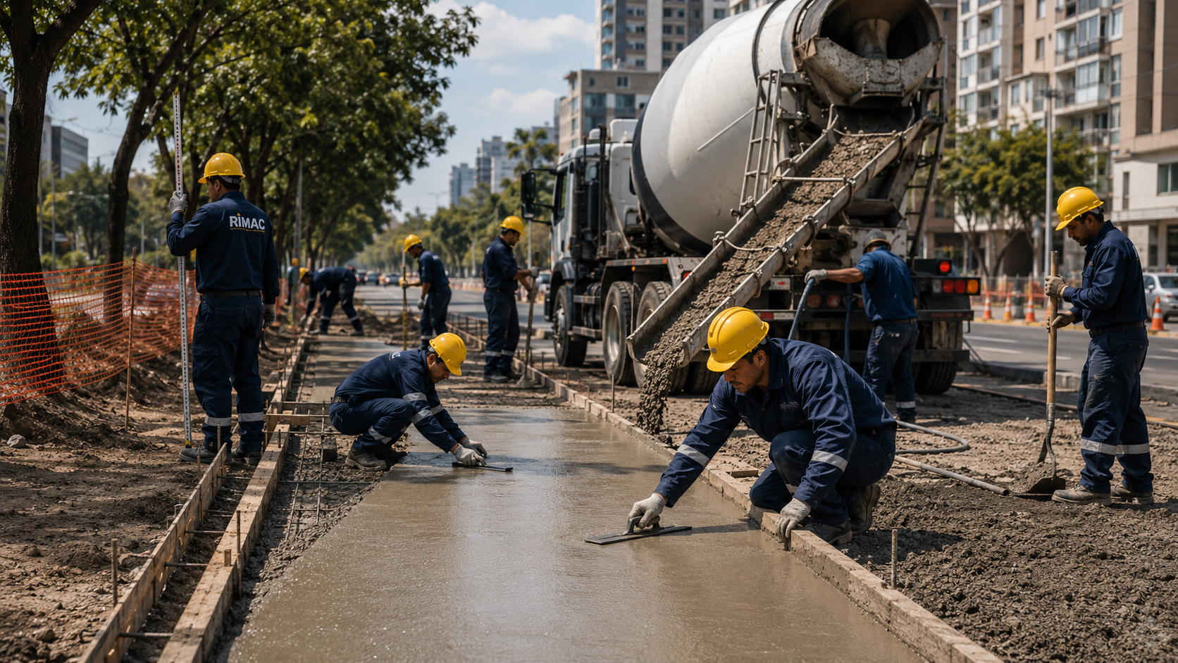 Trabajadores colocan concreto premezclado durante la ejecución de una obra de infraestructura.