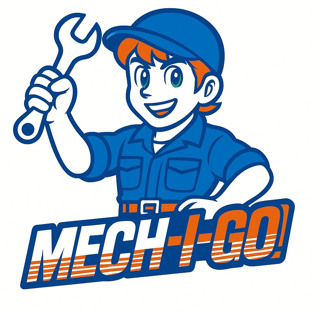 A cartoon mechanic holding a wrench, wearing a blue cap and uniform, with the text "MECH 'N' GO!" underneath.