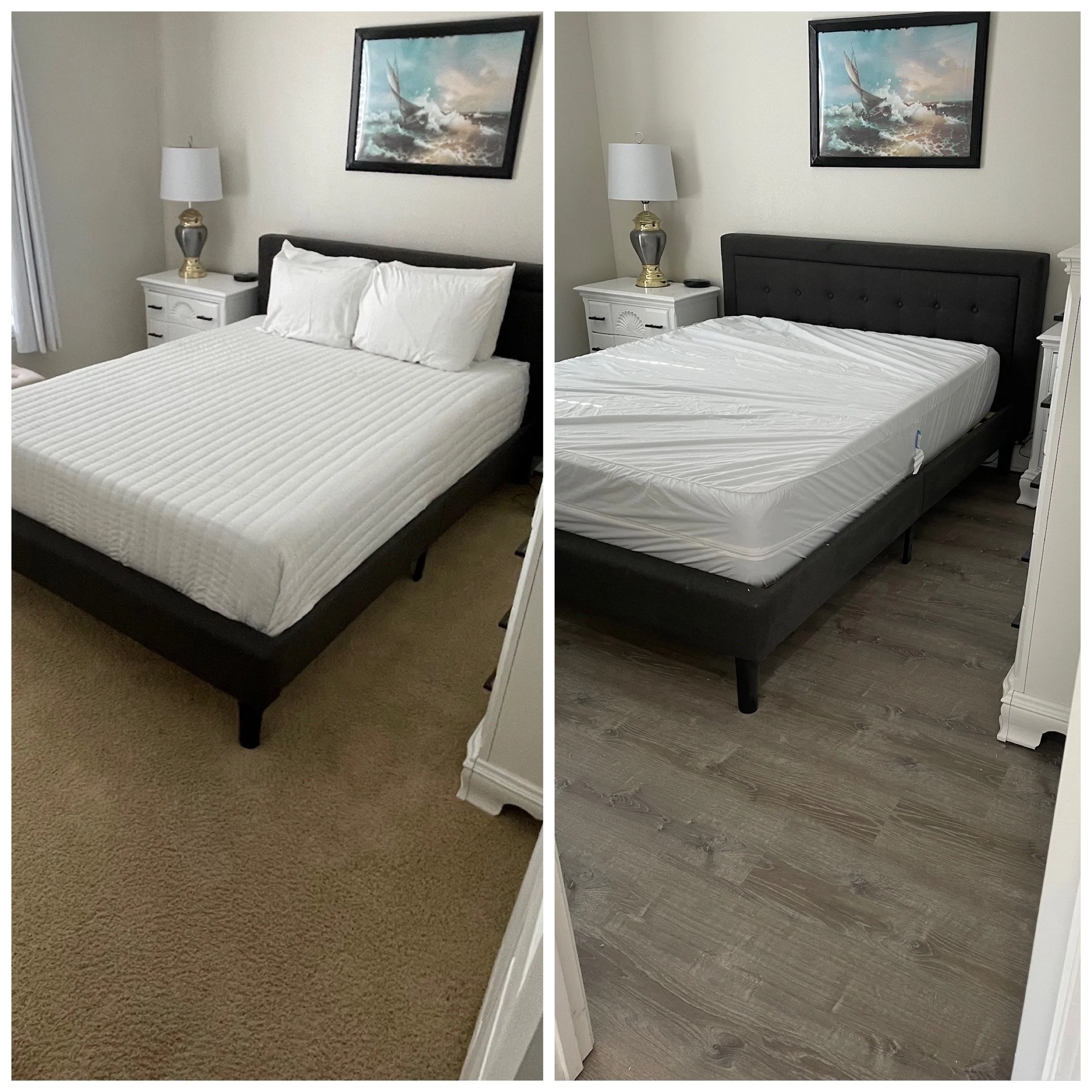 Comparison of two bedroom scenes, featuring a bed with different headboards and matching nightstands with lamps, framed artwork on the wall, and different floorings, one with beige carpet and the other with gray wood flooring.