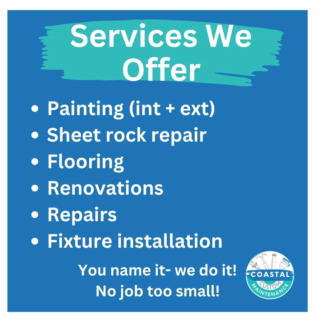 A blue sign listing services offered by a home maintenance business, including painting, sheet rock repair, flooring, renovations, repairs, and fixture installation, with the company's logo at the bottom right corner.