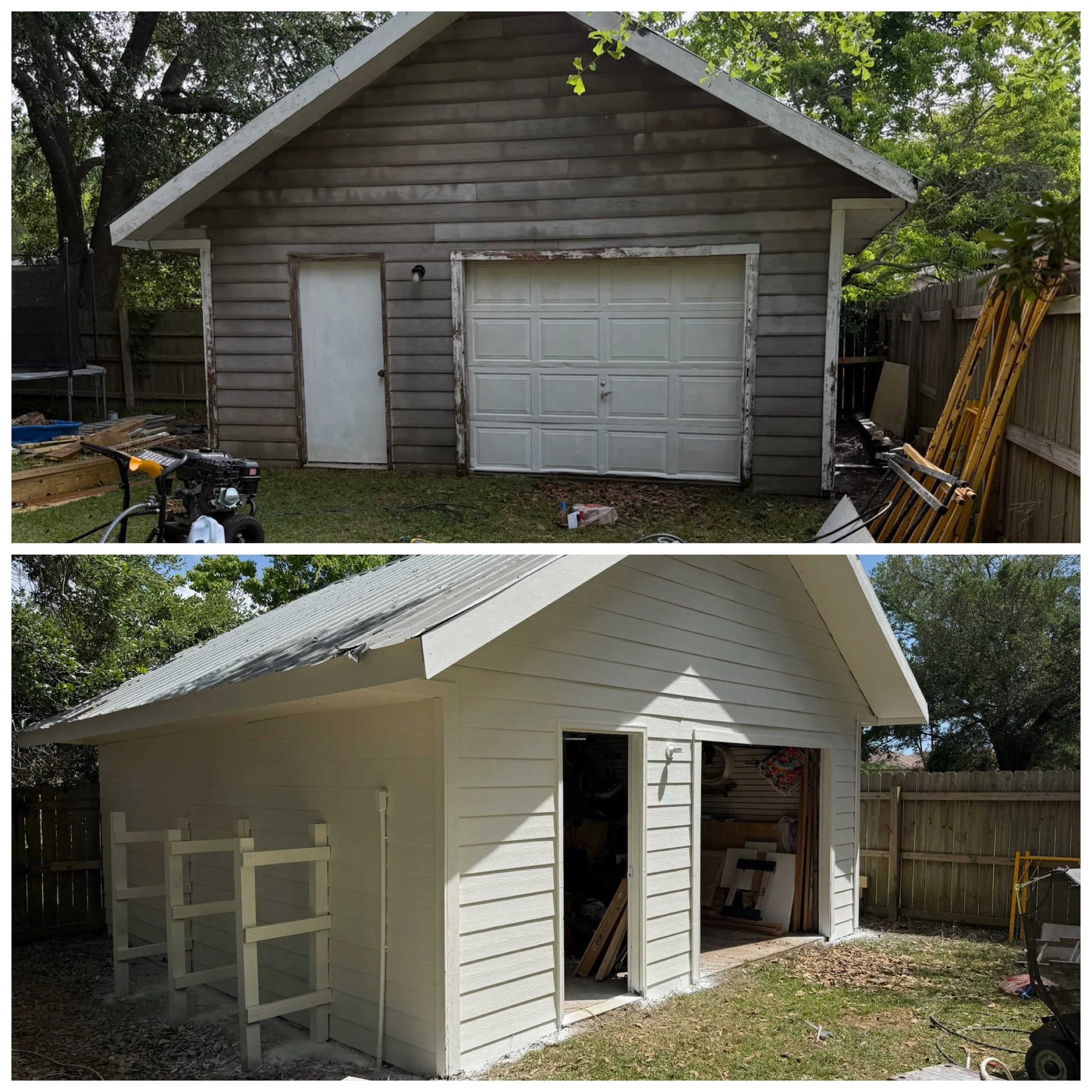 A small wooden shed with a porch, white siding, and a metal roof in a backyard. The shed is painted white with some areas showing signs of weathering or needing painting. There are various tools and supplies around, including a ladder, a garden mower