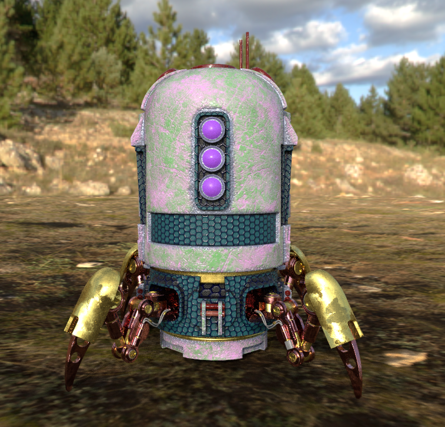 A robot with a rounded, textured body and three purple lights vertically arranged on its front. The robot has metallic limbs and is set outdoors with trees and a partly cloudy sky in the background.