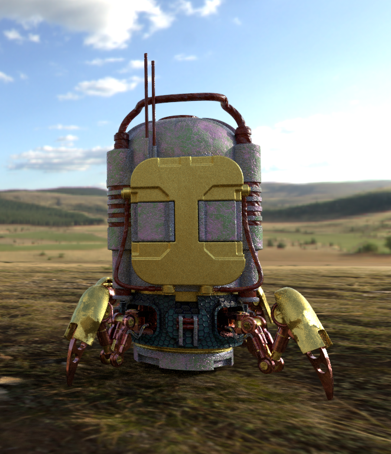 A robot with a gold-colored faceplate, red and gold arms, and a rounded, dome-shaped head standing on open farmland with hills and a blue sky with clouds in the background.