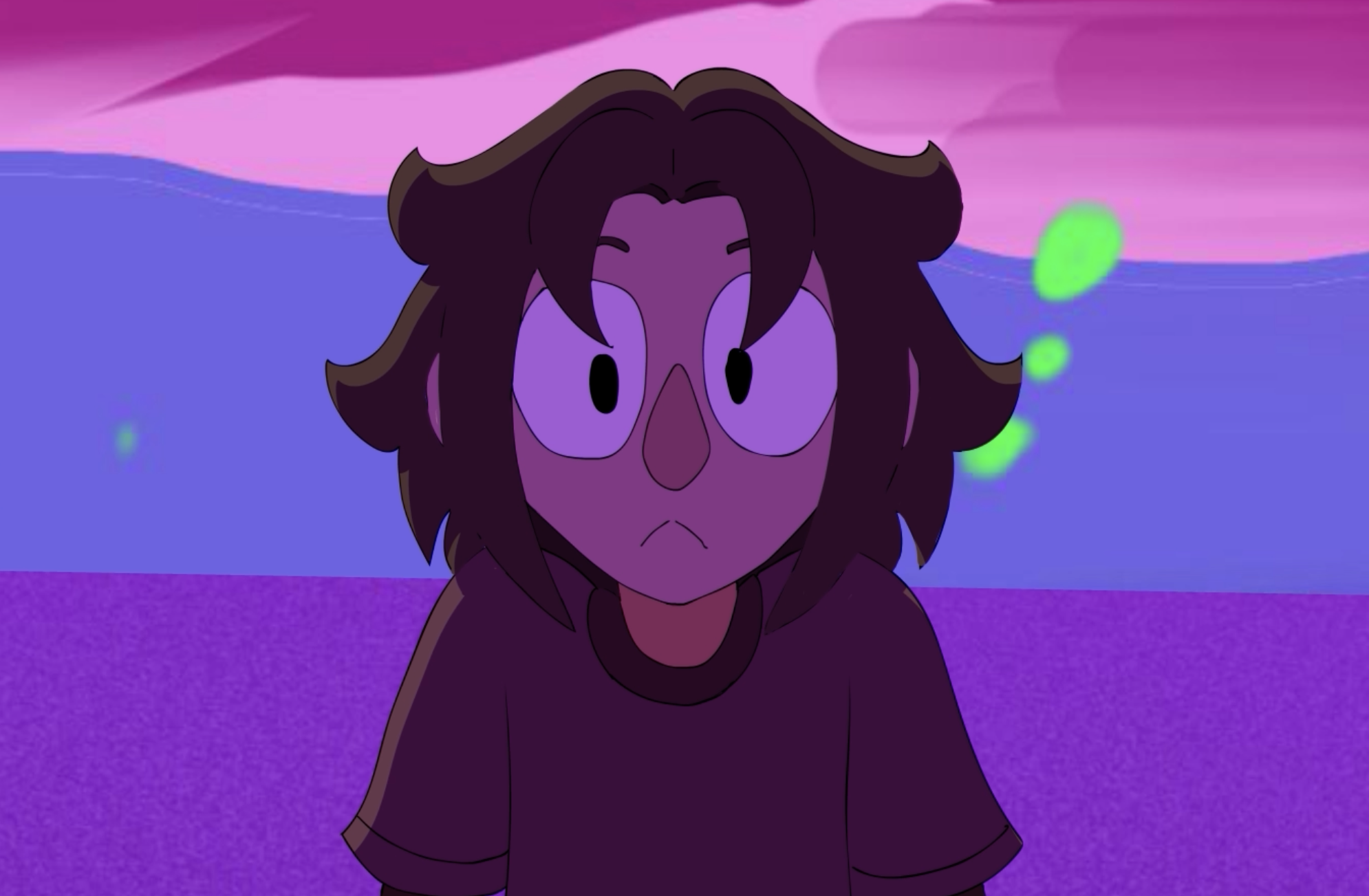 A cartoon character with large, open eyes and an expressionless face stands against a colorful, abstract background with pink, purple, and blue hues. Green glowing spots are visible near the character's head.