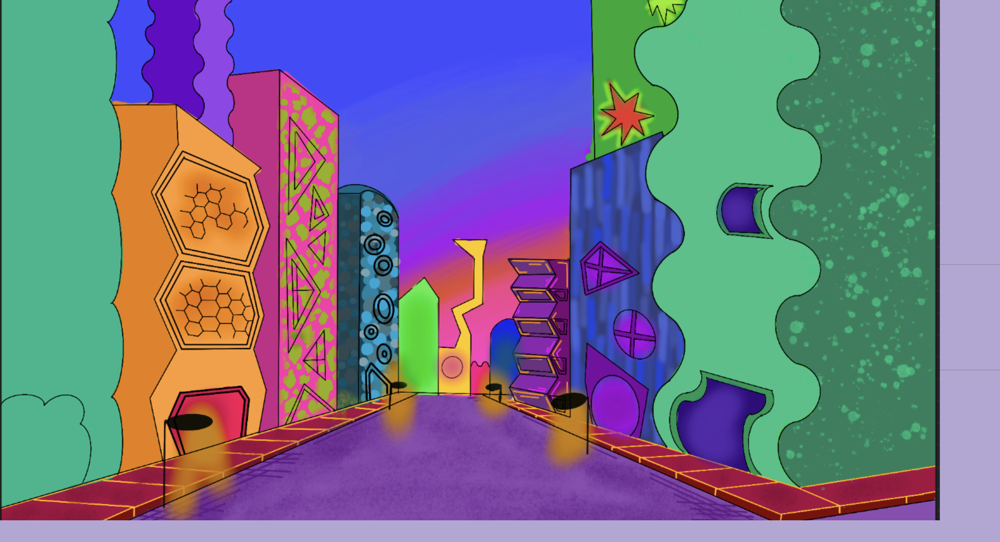 Colorful alleyway with vibrant, decorated walls featuring various geometric and abstract patterns, leading to a sunset sky.