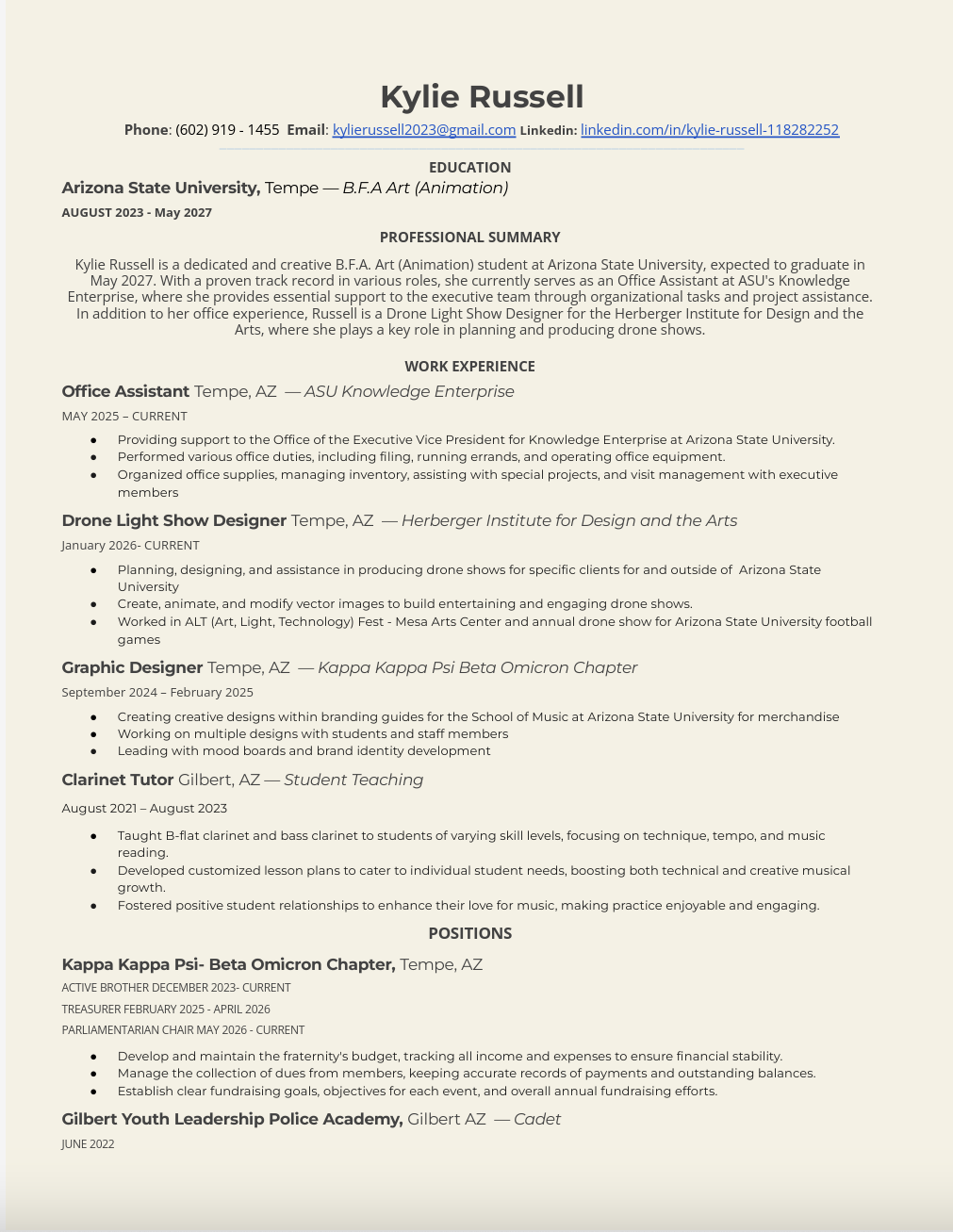 A resume belonging to Kylie Russell, displaying her contact information, education at Arizona State University, and her professional experience as an Office Assistant and Drone Light Show Designer. It also details her experience as a graphic designer, clarinet tutor, and leadership roles, including positions in the Kappa Kappa Psi Beta Omicron Chapter and Gilbert Youth Leadership Police Academy.