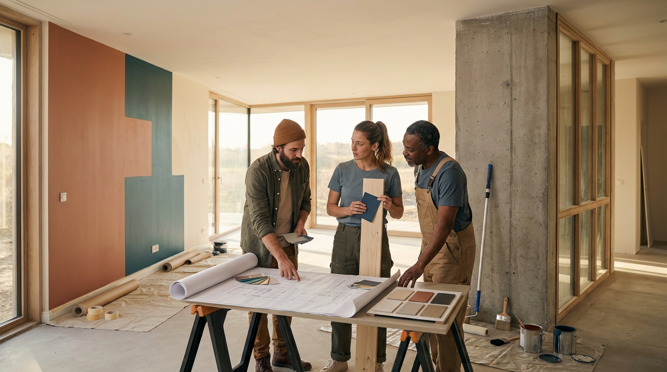 Three people discussing interior design in a room with large windows, construction materials on the table, and colorful wall paint samples.