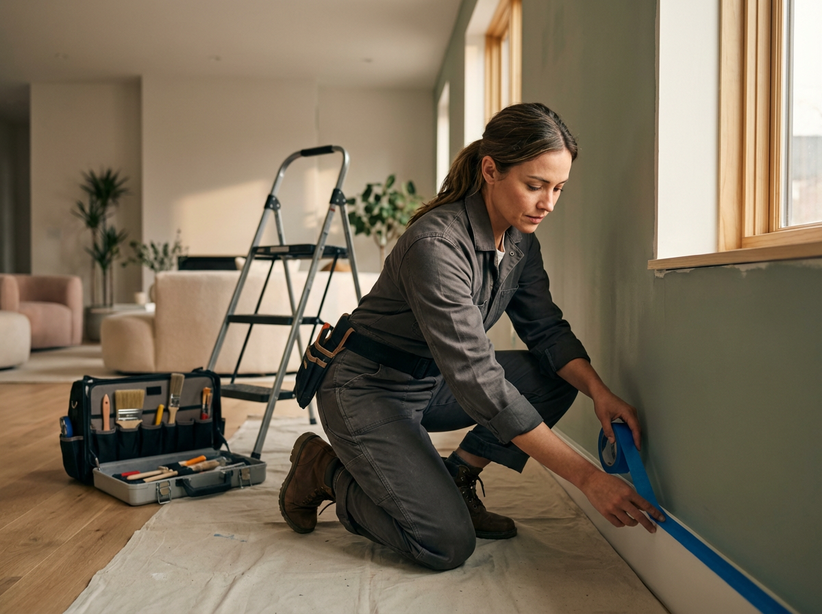 A woman installing baseboard trim along a wall in a living room, kneeling on a painter's drop cloth, with tools and a ladder nearby.
