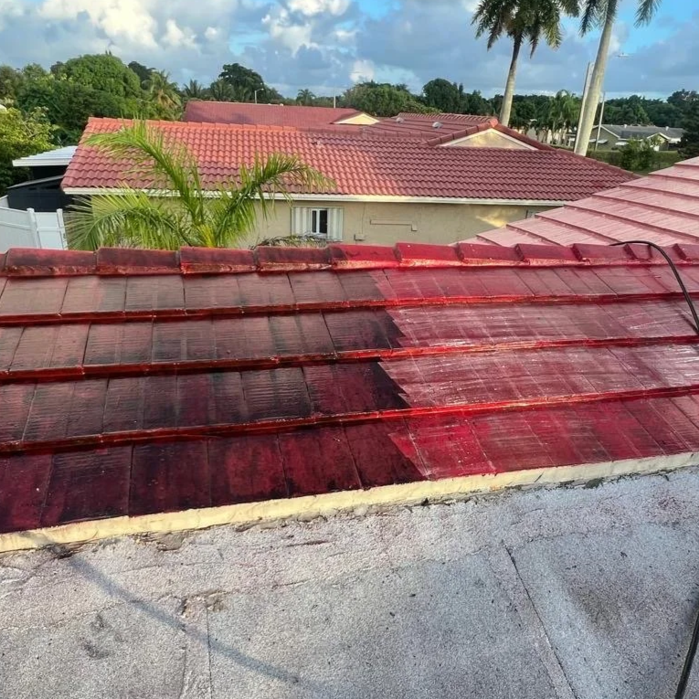 A roof with red tiles, some of which have been painted or stained darker, next to palm trees and other houses with red roofs in a sunny, tropical neighborhood.