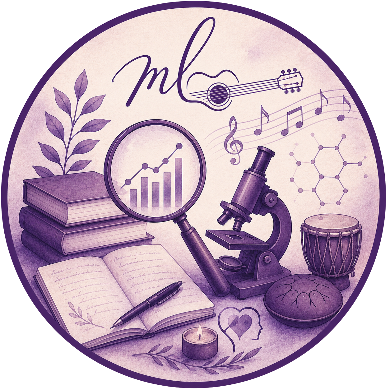Ilustración en tonos púrpuras con libros, microscopio, notas musicales, hojas de notas, gráfico de barras, planeta, península, vela, corazón, y elementos relacionados con la ciencia y la música.