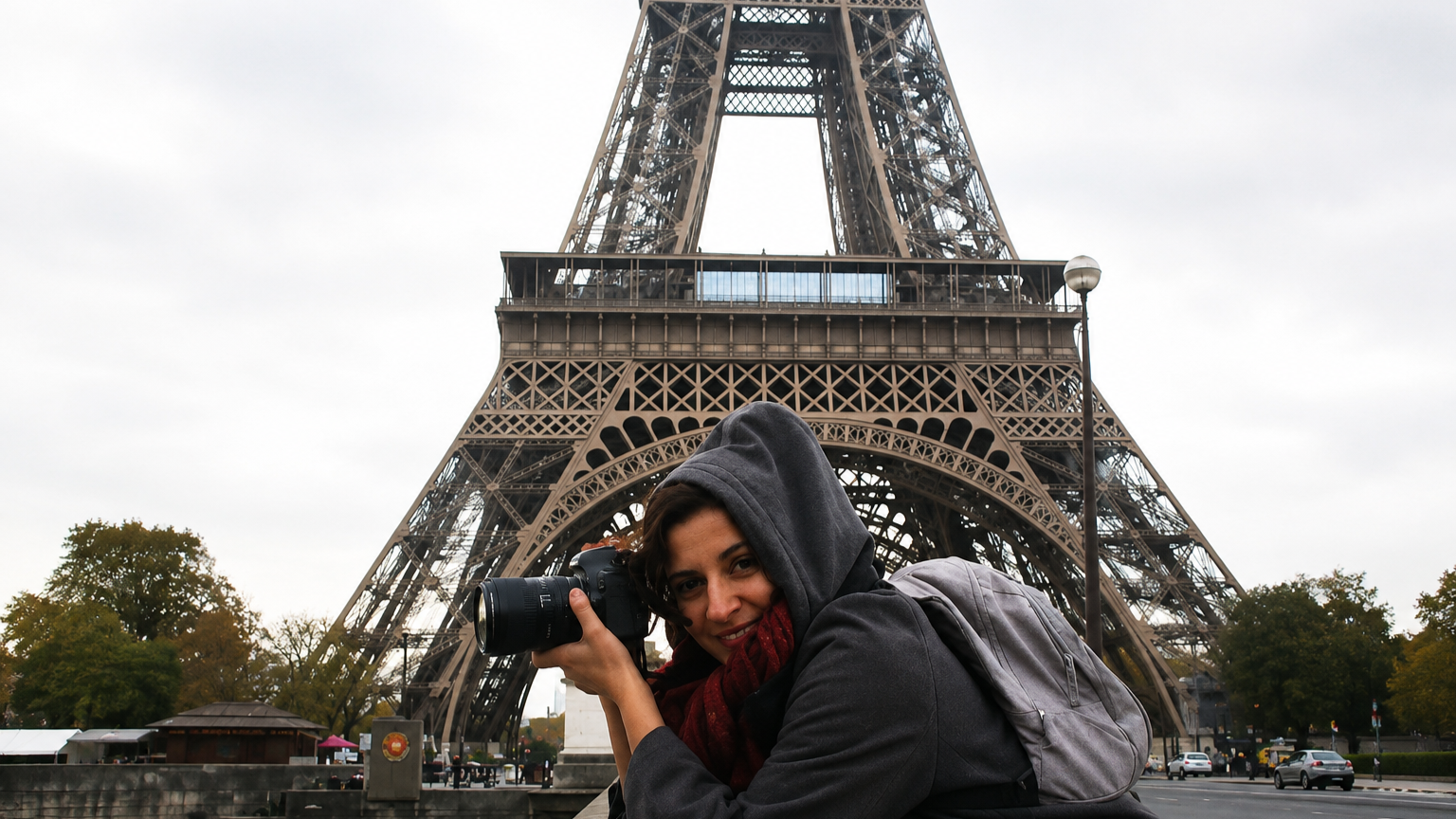 Persona con sudadera gris y mochila tomando fotos frente a la Torre Eiffel en París, en día nublado.