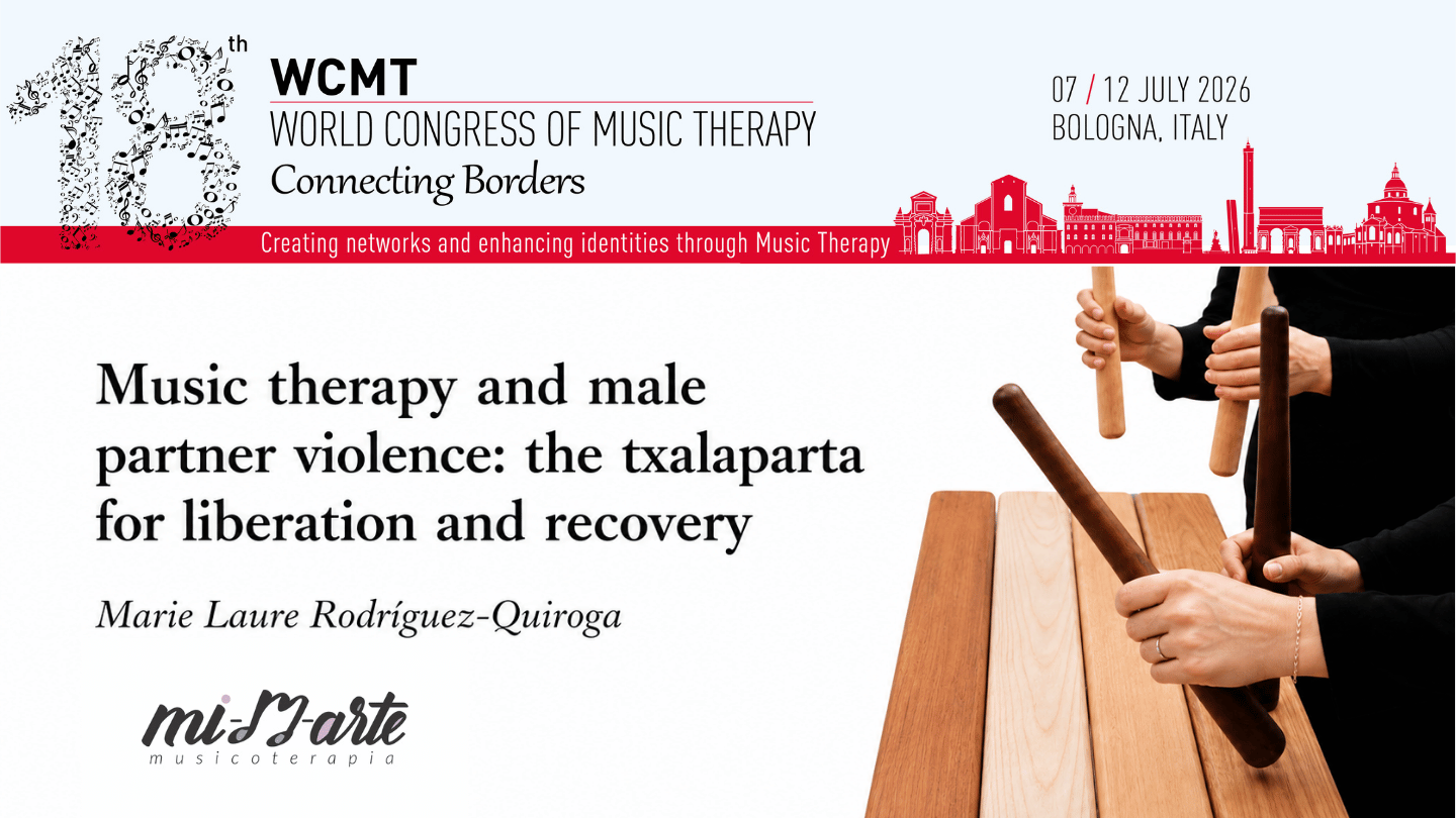 Cartel del Congreso Mundial de Musicoterapia en Bolonia, Italia, del 7 al 12 de julio de 2026. Imagen de personas tocando instrumentos de percusión de madera.