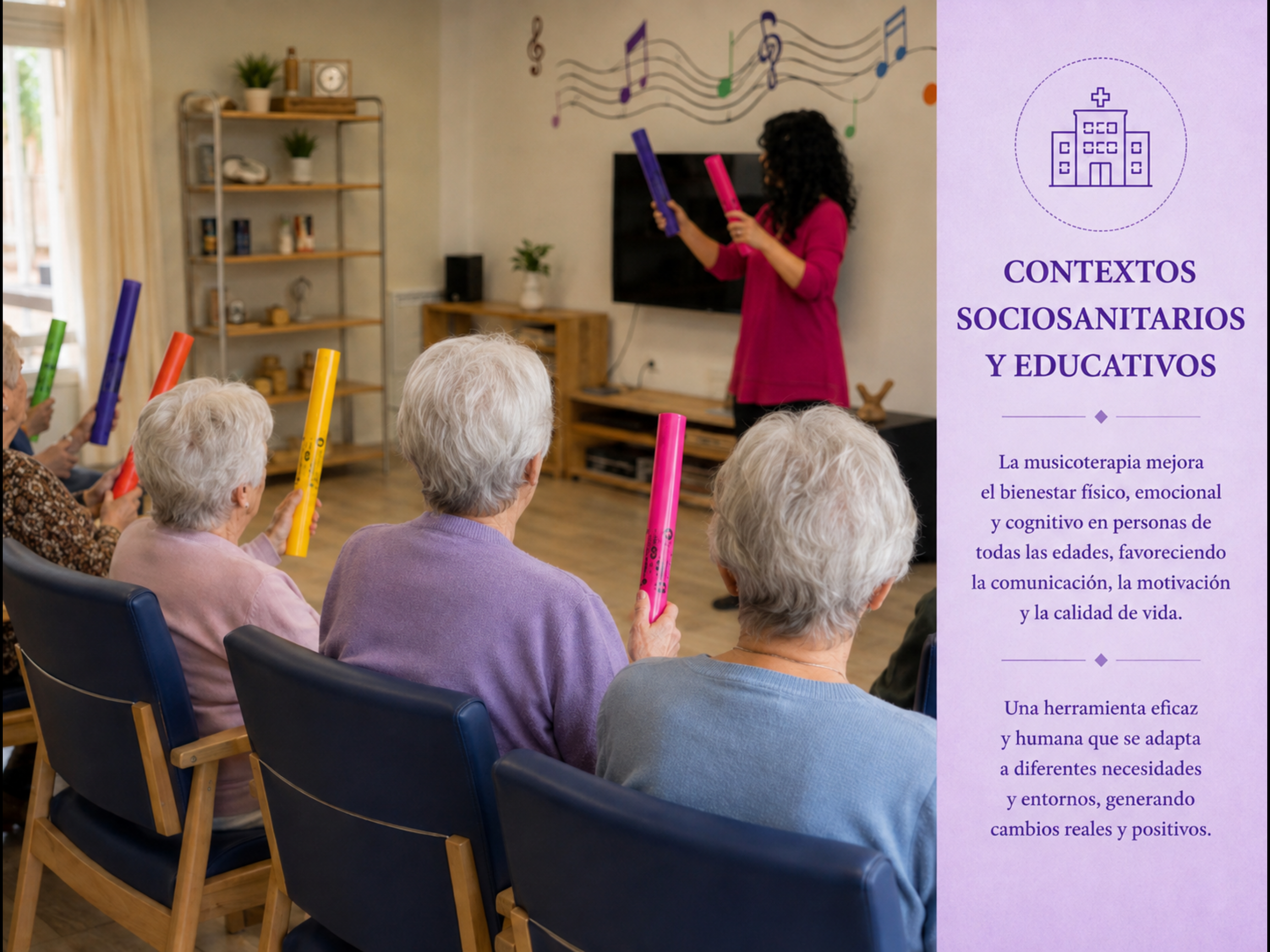 Sesión grupal de musicoterapia en una residencia, con personas mayores tocando tubos musicales de colores mientras una musicoterapeuta dirige la actividad. La escena muestra un espacio sociosanitario y educativo orientado al bienestar, la comunicació