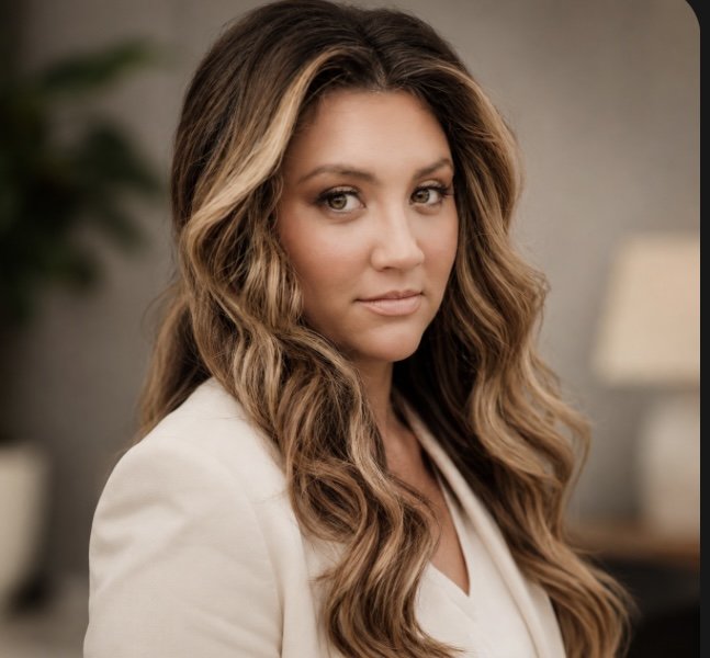 A woman with long, wavy light brown hair and tan skin, wearing a white blazer, looking at the camera in an indoor setting.