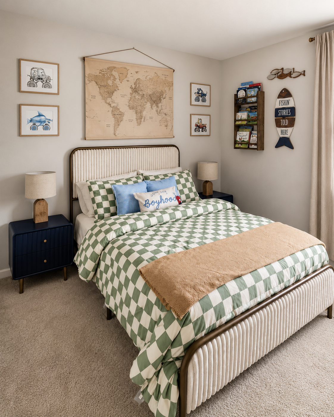 A bedroom with a bed having a green and white checkered quilt, a beige blanket at the foot, and multiple pillows including a blue one with white writing that says 'some of the boyhood'. Two navy nightstands with beige lamps are on each side of the bed. The wall above the bed features framed artwork of vehicles, a world map tapestry, and a fish-shaped sign with the text 'Fishin' Stories Told Here'.