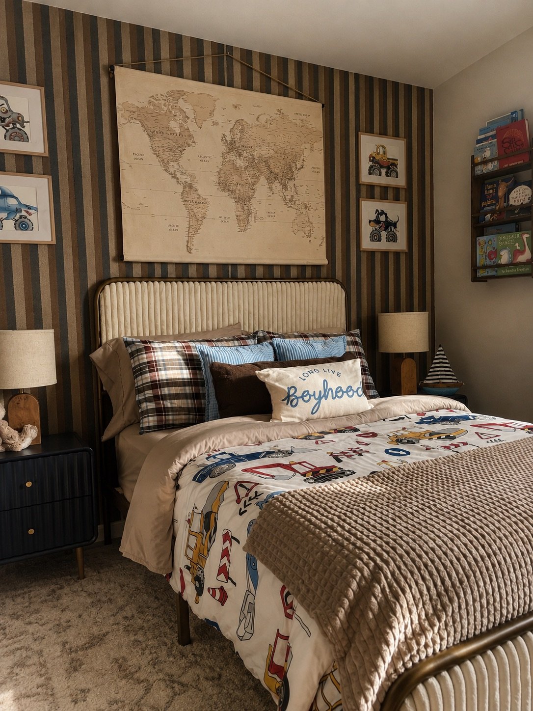 A bedroom with a striped accent wall, a large world map hanging above the bed, and framed car-themed artwork. The bed has a plaid duvet, pillows including one with 'Long Live Boyhood' text, and a beige textured blanket. There are two nightstands with lamps and a bookshelf filled with children's books.