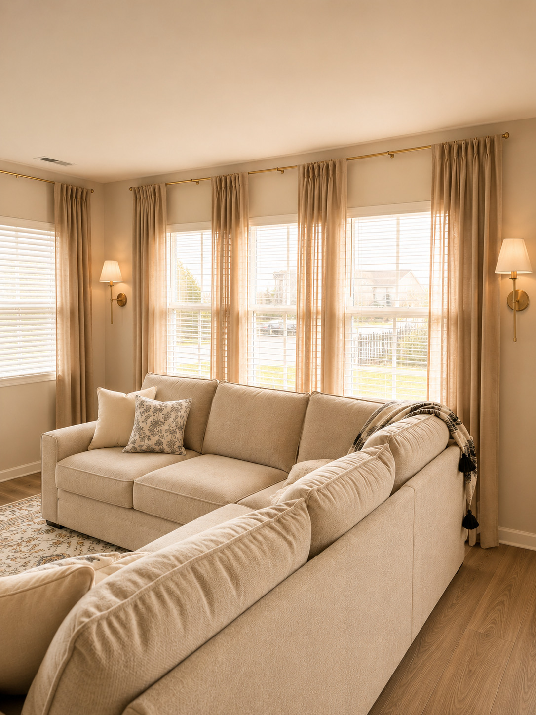 Living room with beige sofas, decorative pillows, wooden floor, beige curtains, and large windows letting in natural light.