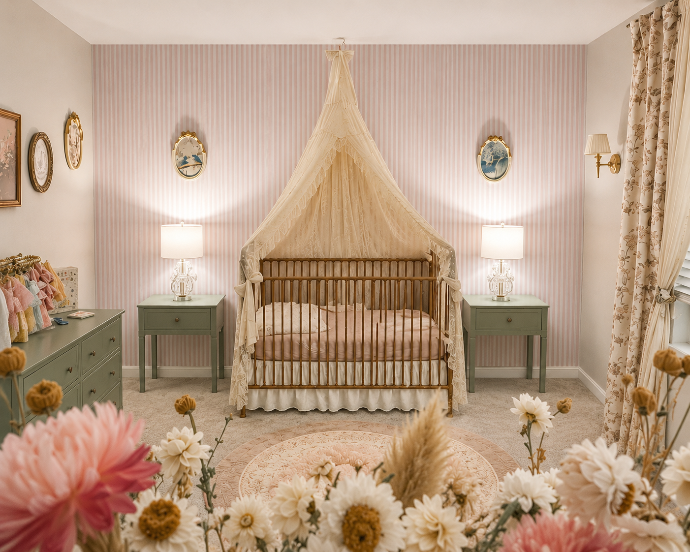 A vintage nursery with a wooden crib, pink and cream striped wallpaper, ceiling canopy, and floral decor. Two green nightstands with lamps flank the crib, and a dresser with decor and clothing is on the left. Flowers in the foreground partially obscure the view.