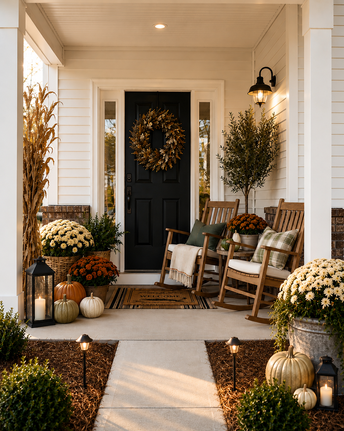 Decorated front porch with black door, wreath, wooden rocking chairs, fall flowers, pumpkins, lanterns, candles, and autumn plants.