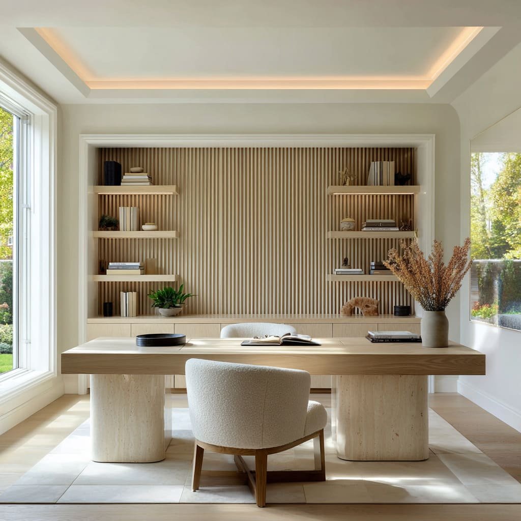 A modern home office with a wooden desk, a white upholstered chair, built-in wall shelves with books and decor, a large window with a view of greenery, and a large vase with dried flowers.