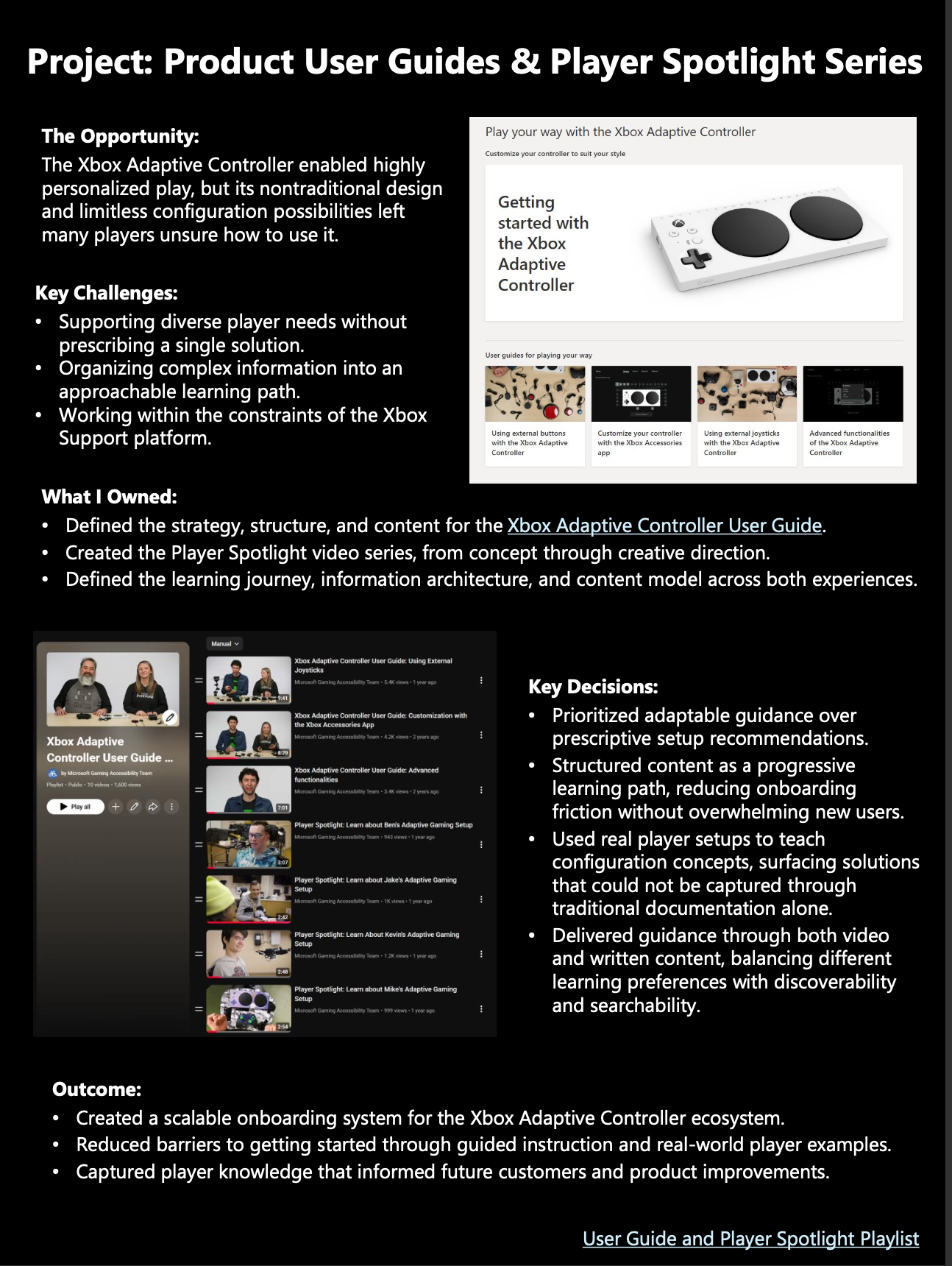 Screenshot of a portfolio page for the Xbox Adaptive Controller User Guide. Click image to be redirected to an accessible PDF of the page.