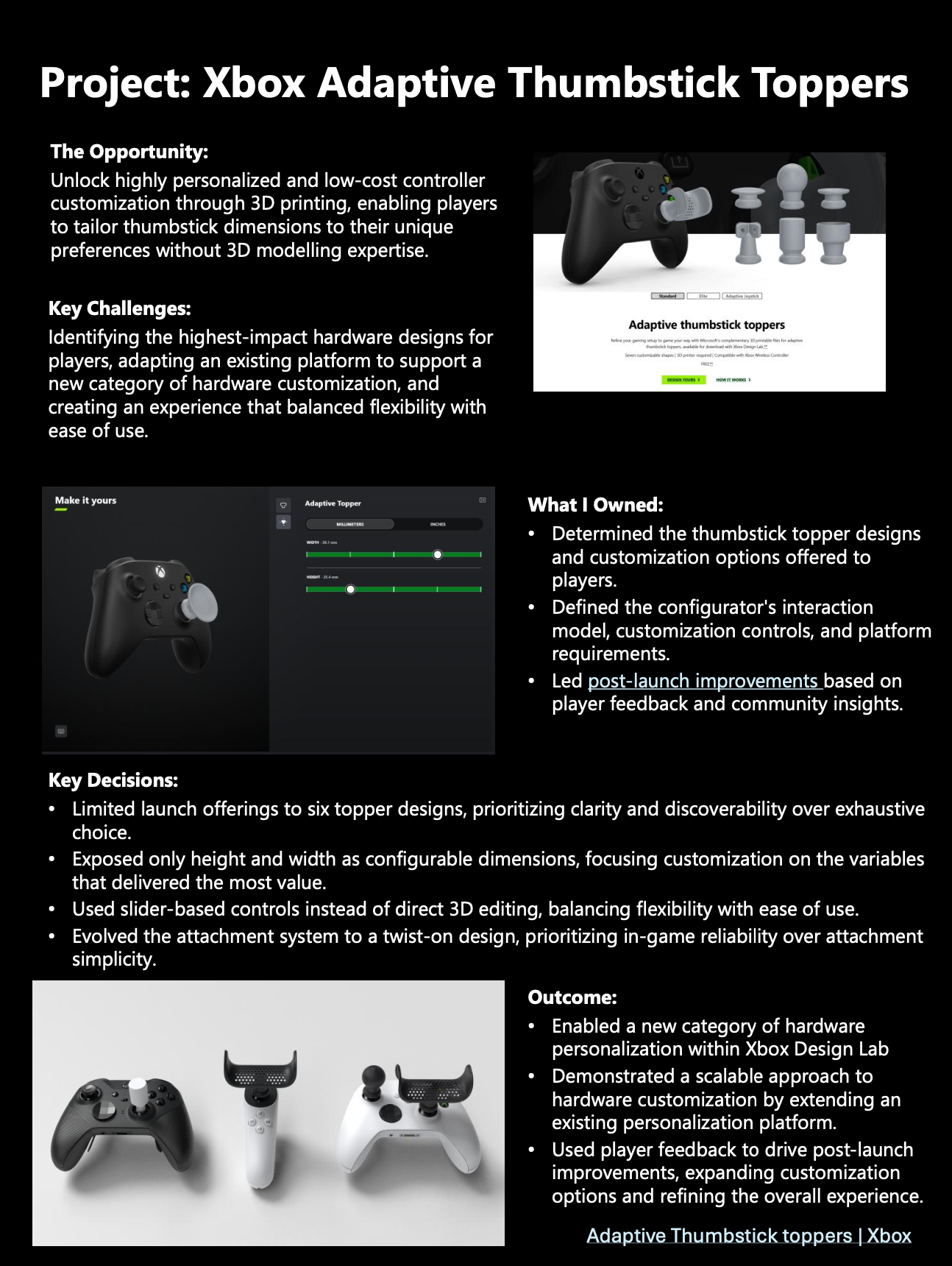 Screenshot of a portfolio page for the Xbox Adaptive Thumbstick Toppers Program. Click image for link to accessible PDF.