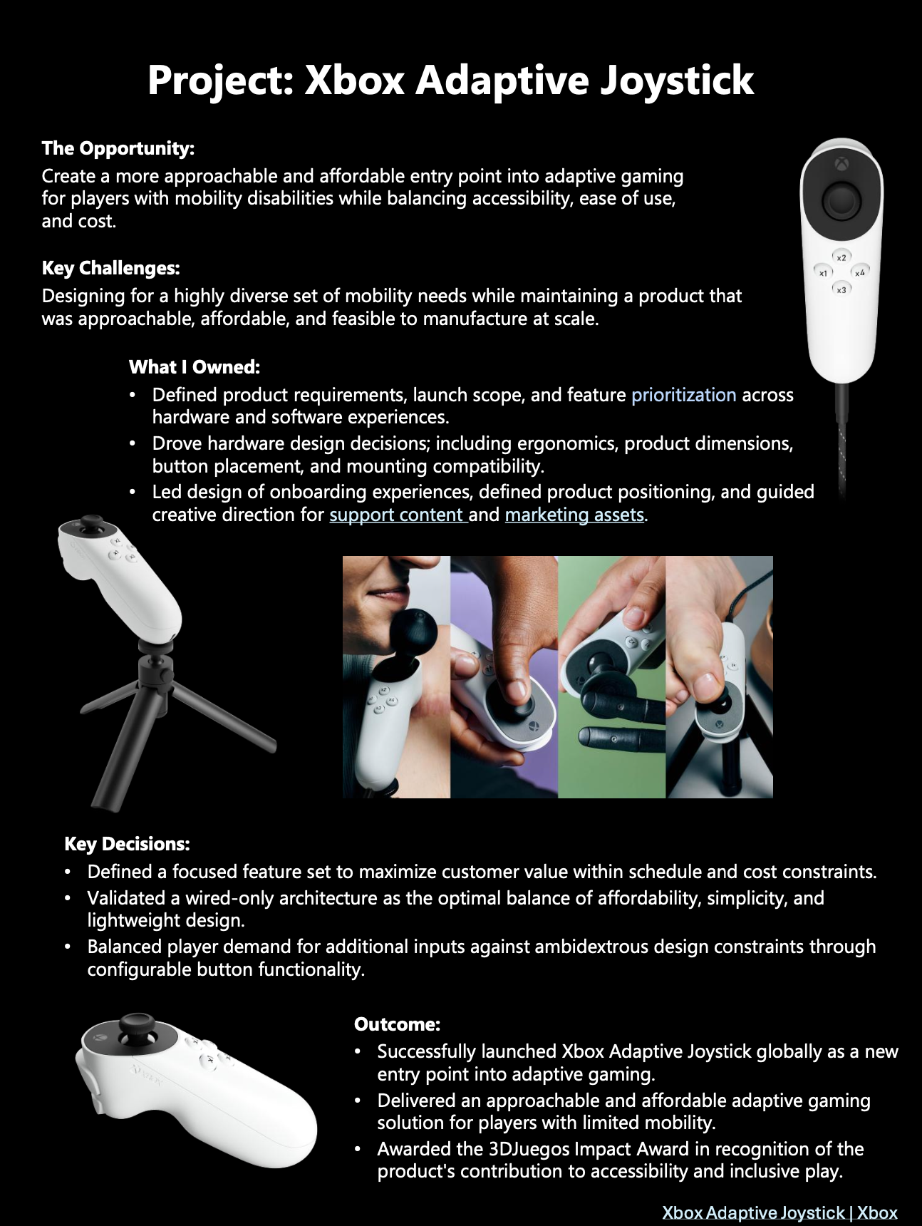 Screenshot of a portfolio page for the Xbox Adaptive Joystick. Link to PDF by clicking image.