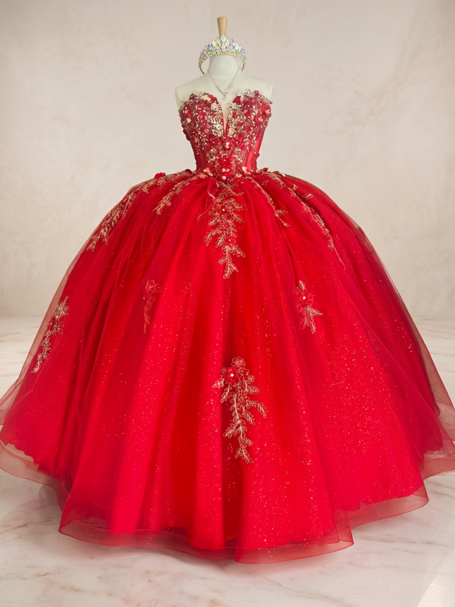 Red quinceañera ball gown available at The Occasion House in West Hempstead NY