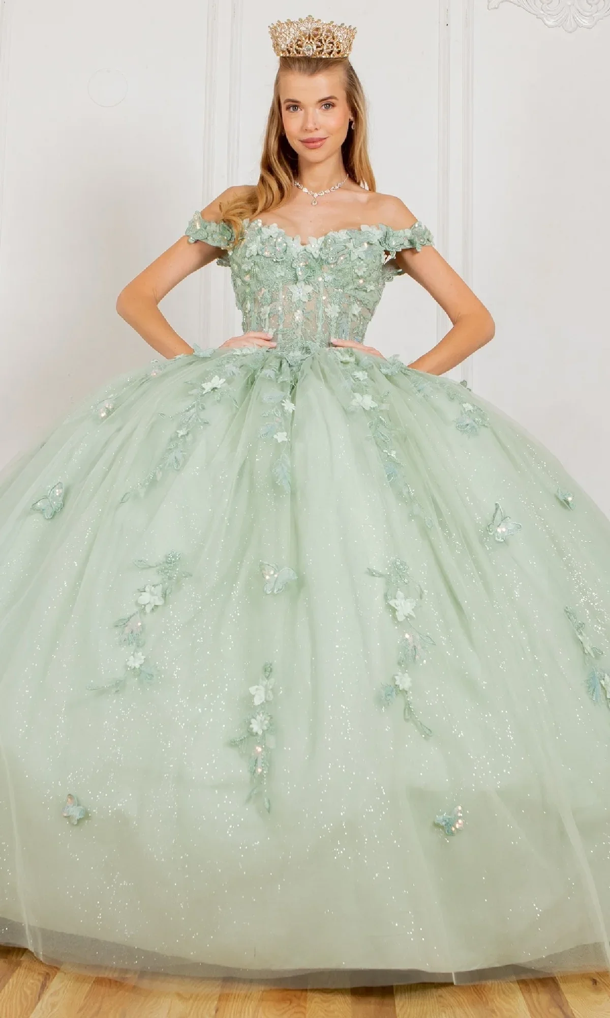 Sage Green quinceañera ball gown available at The Occasion House in West Hempstead NY
