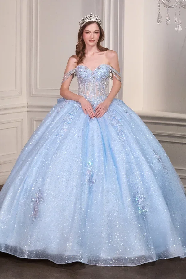 Light Blue quinceañera ball gown available at The Occasion House in West Hempstead NY