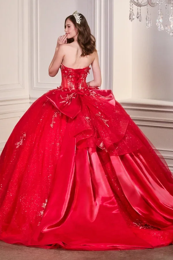 Red quinceañera ball gown available at The Occasion House in West Hempstead NY