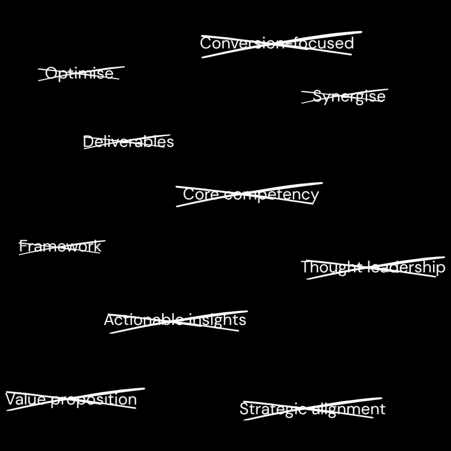 Marketing jargon words such as “synergise”, "optimise” and “framework” crossed out in white on a black background