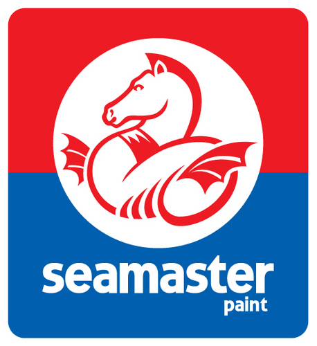 Seamaster Paint logo featuring a red dragon with wings and a seahorse motif, divided into red and blue background sections.