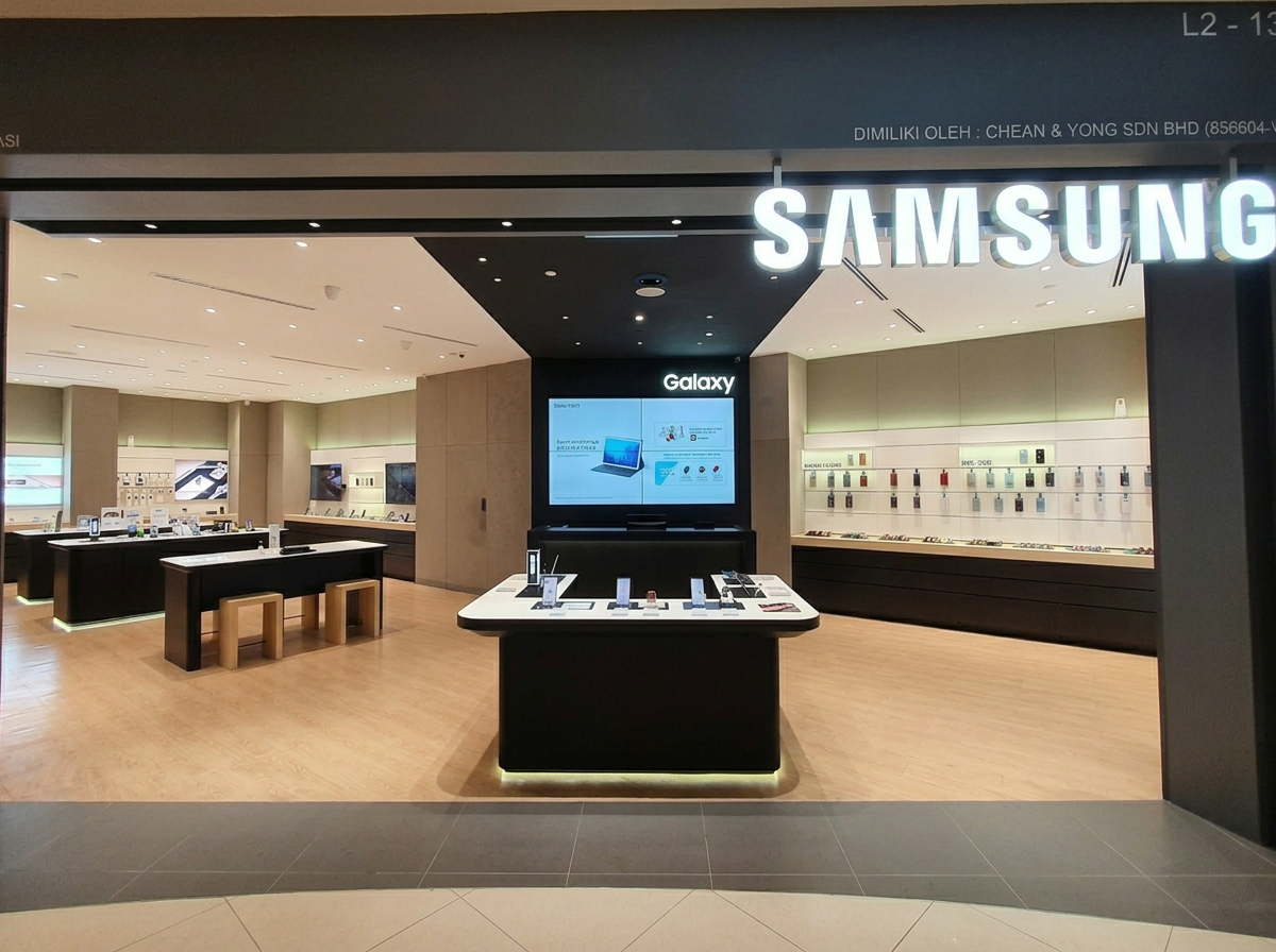 Inside a Samsung store displaying various electronic devices and accessories, with a central table showcasing smartphones.