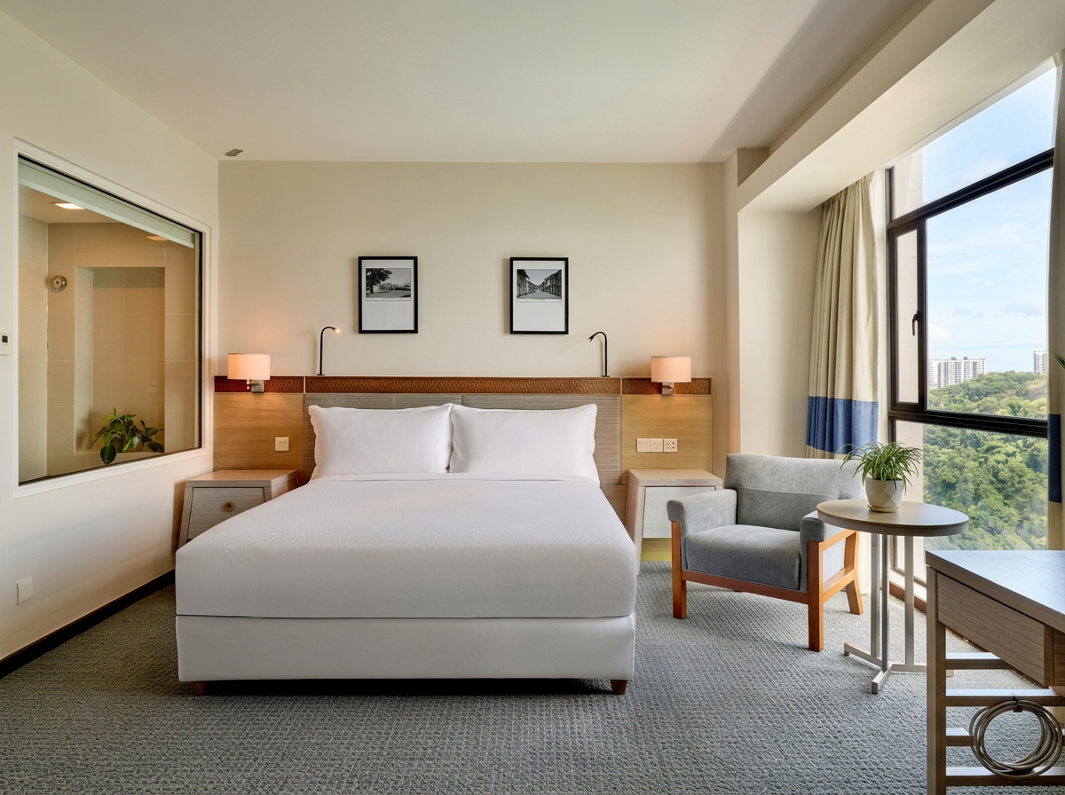 Hotel room with a large bed, side tables, framed pictures, a window with curtains showing a green landscape, a gray armchair, a small round table with a plant, and a side dresser.