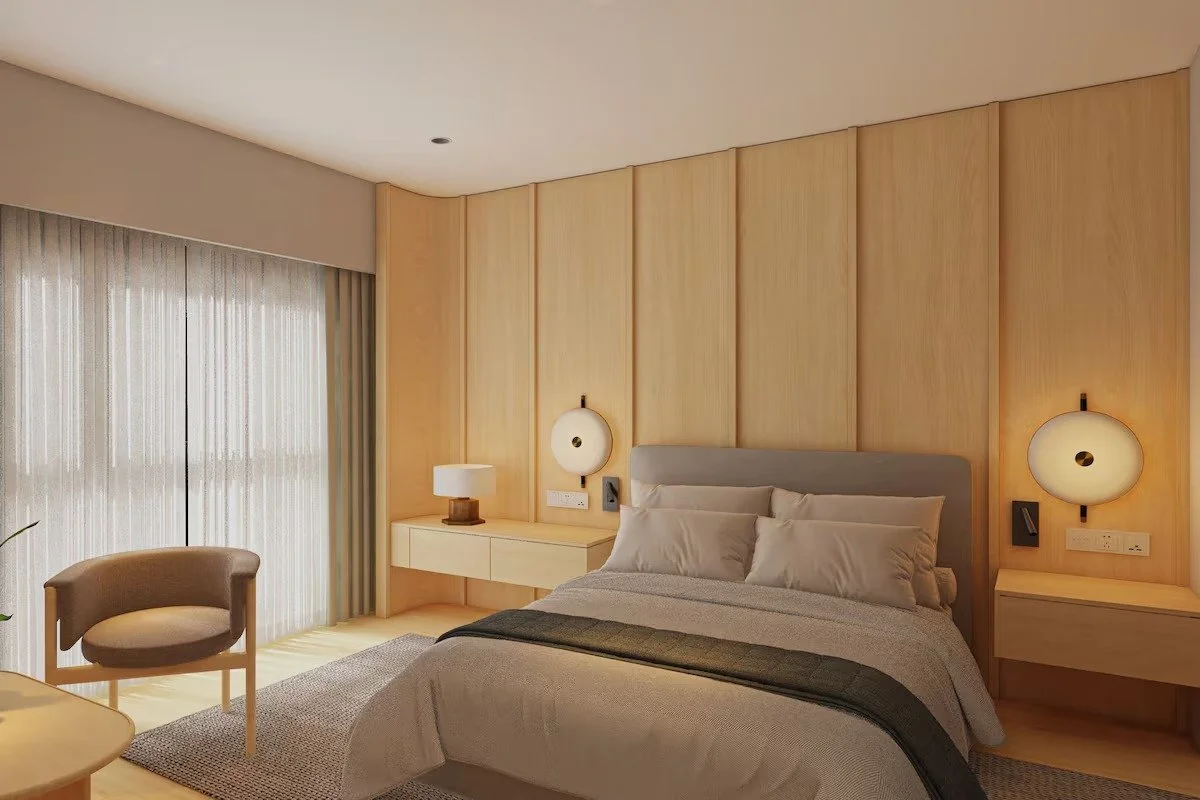 Modern bedroom with a bed, beige headboard, nightstands, wall-mounted lamps, armchair, and large window with curtains.