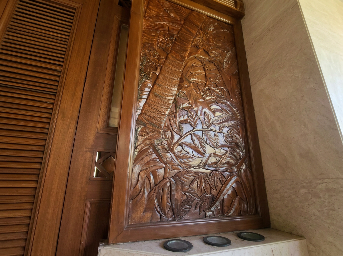 Carved wooden panel depicting a tropical scene with a palm tree and lush leaves.
