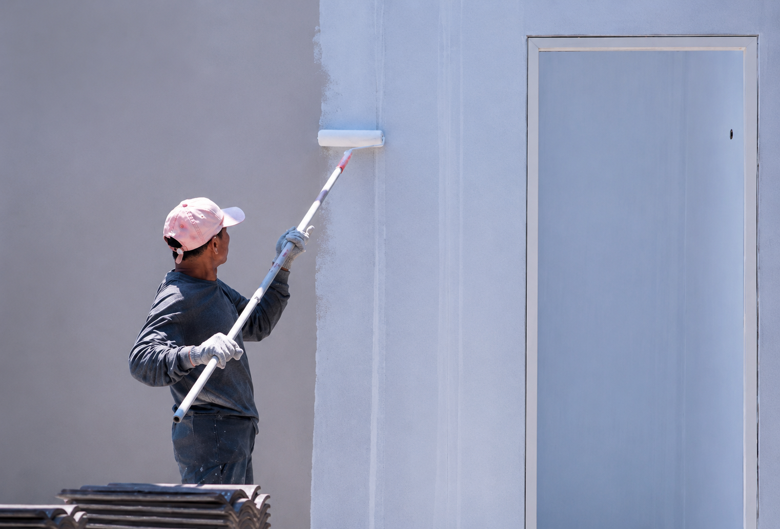 A person wearing a pink cap, gray sweatshirt, and gloves is painting a wall with a roller. The wall is being painted light blue, and there is a door with a metal frame on the right side of the wall.