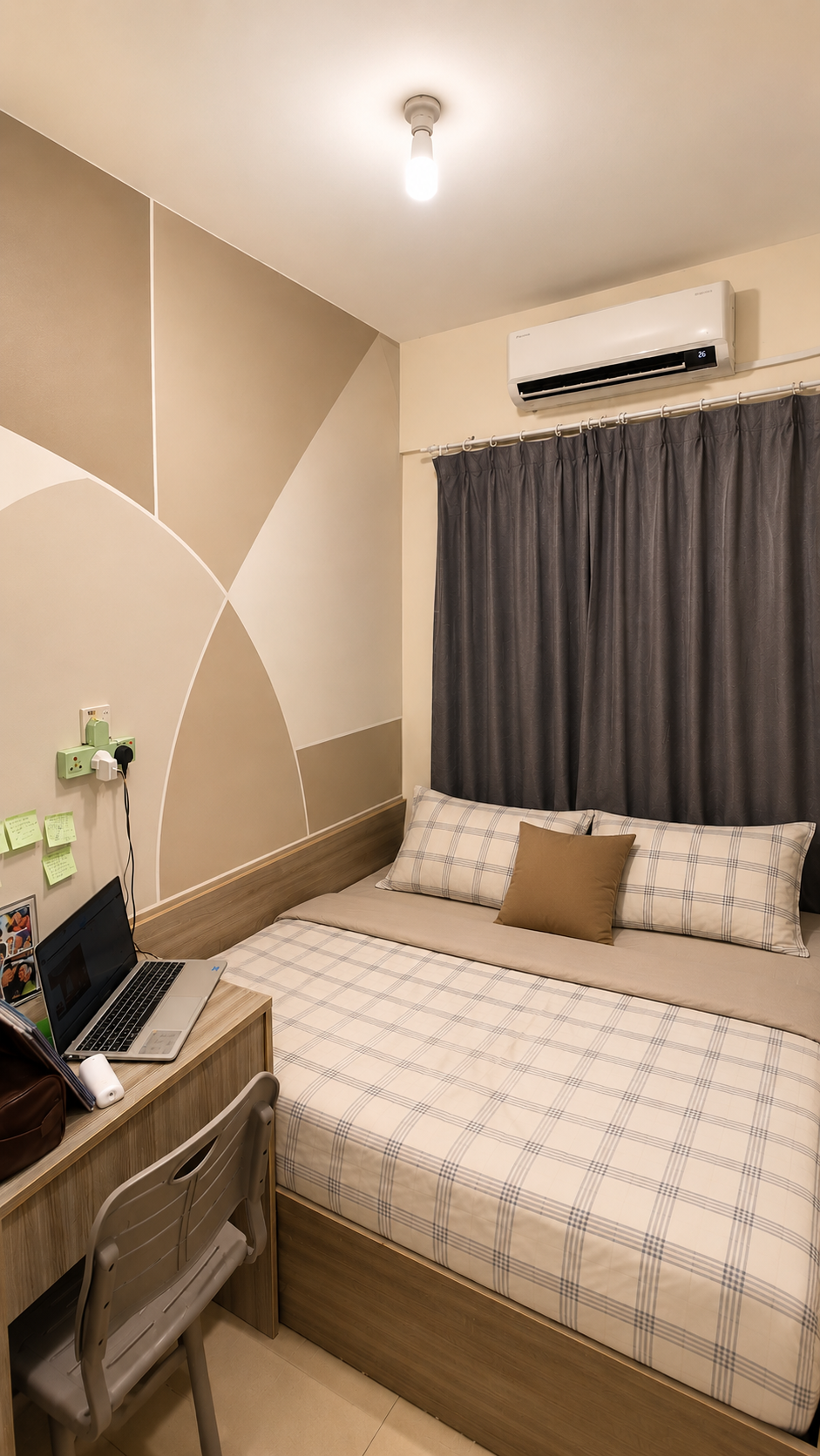 A bedroom with a bed, plaid bedspread, multiple pillows, a window with dark curtains, an air conditioning unit, a small desk with a laptop and chair, and a wall with a geometric painted design.