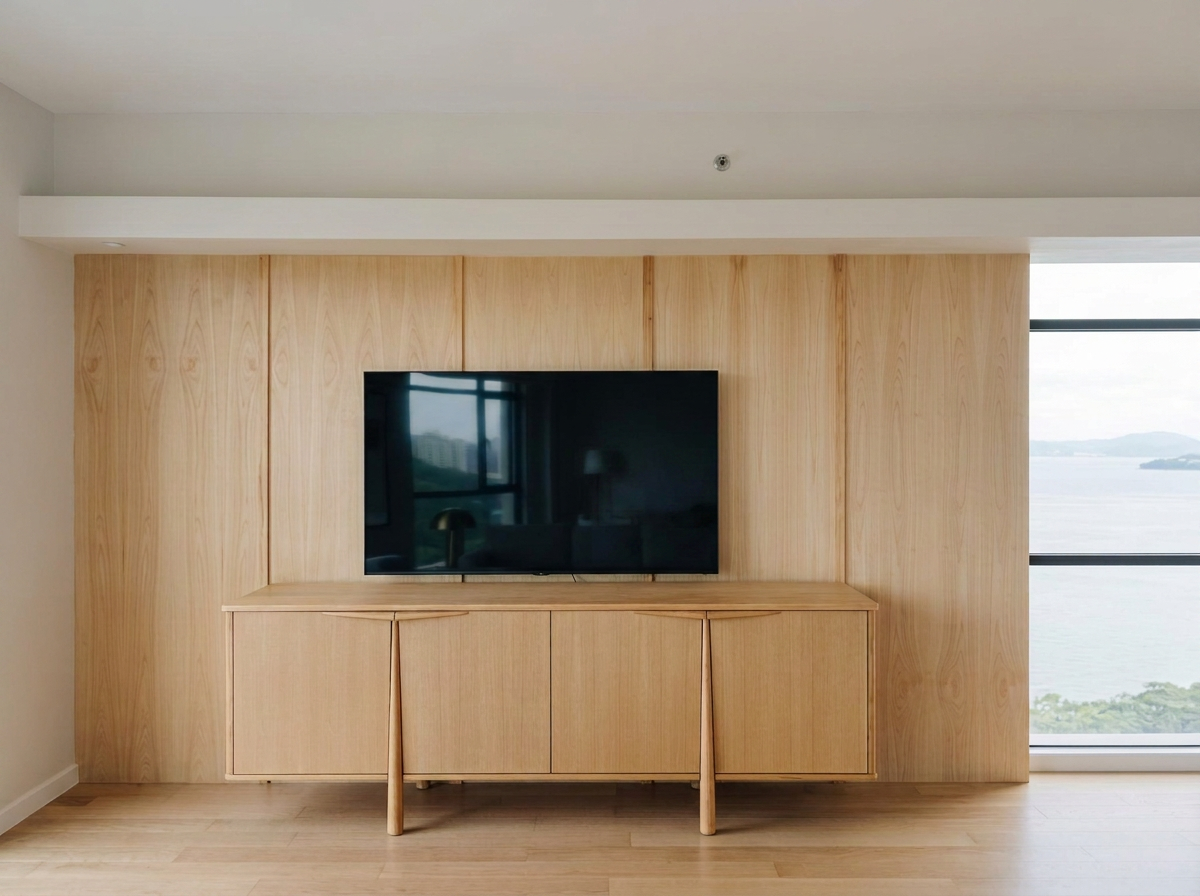 Living room with flat-screen TV mounted on wooden-paneled wall, wooden media console, large window with scenic water view, and light wood flooring.