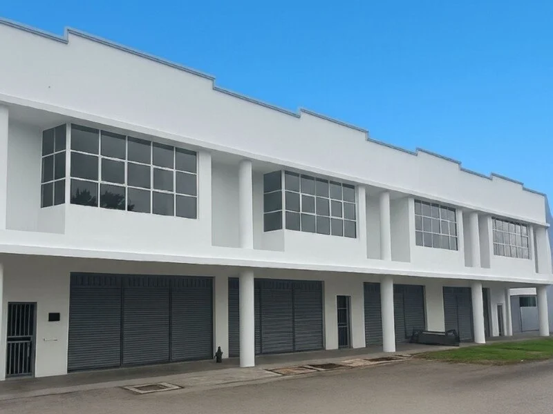 Modern white commercial building with large windows, black garage doors, and a bench outside, under a clear blue sky.